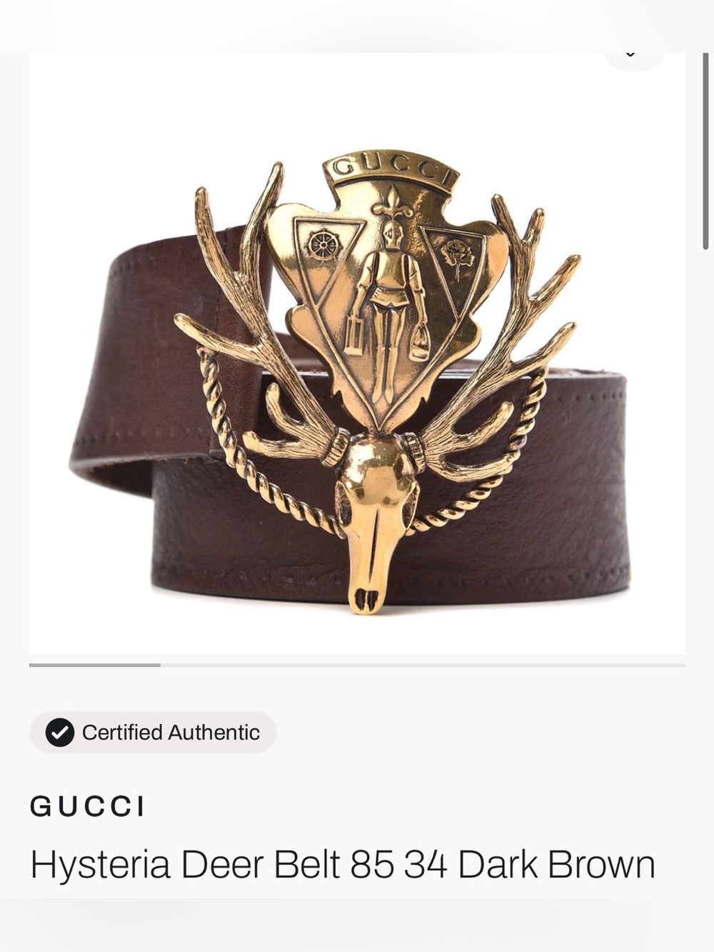 Rare and Authentic Vintage Gucci Hysteria Deer Belt 85 34 Dark Brown
